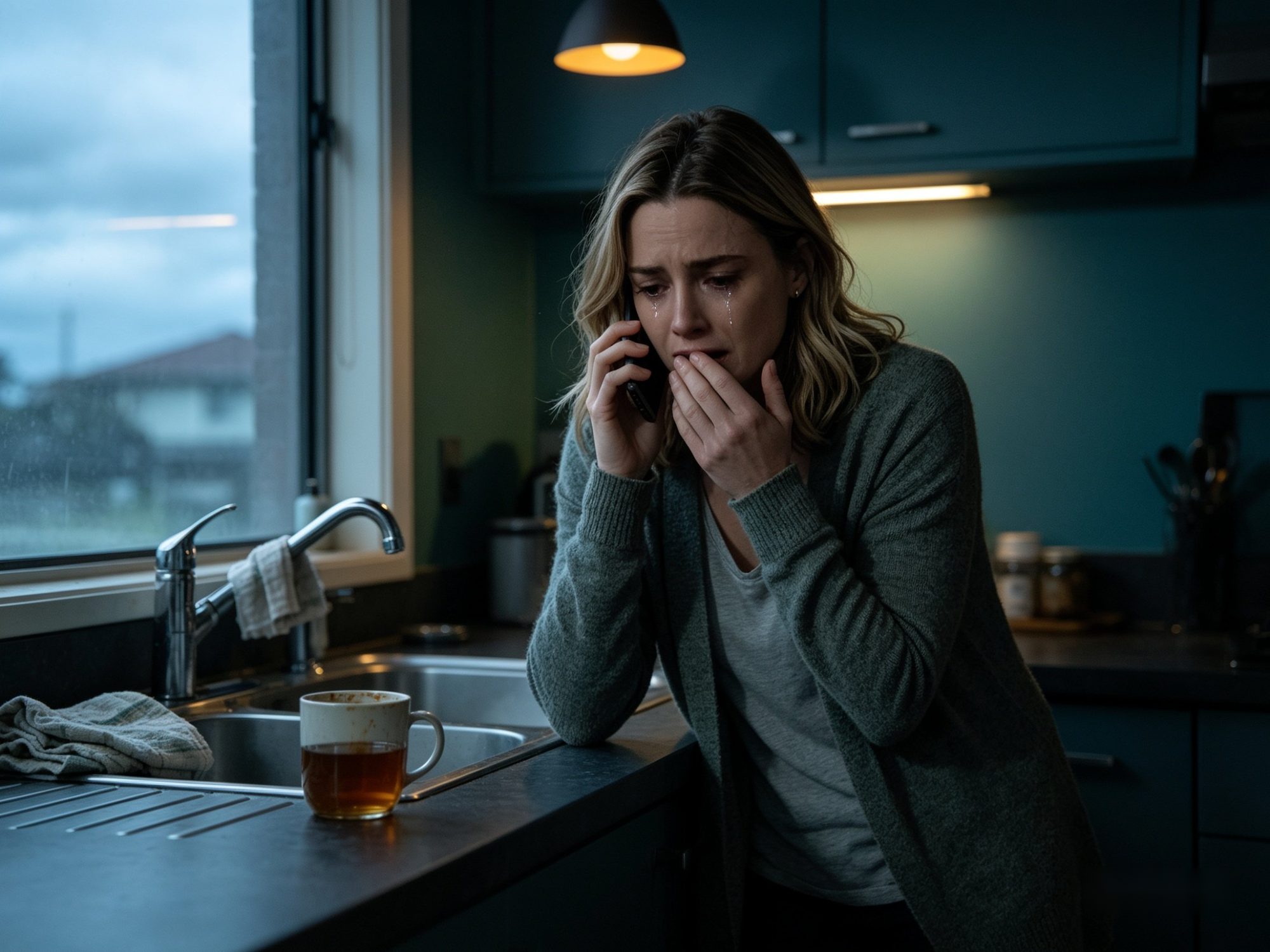 A woman alone at her kitchen counter at dusk, in tears on the phone to her mother.