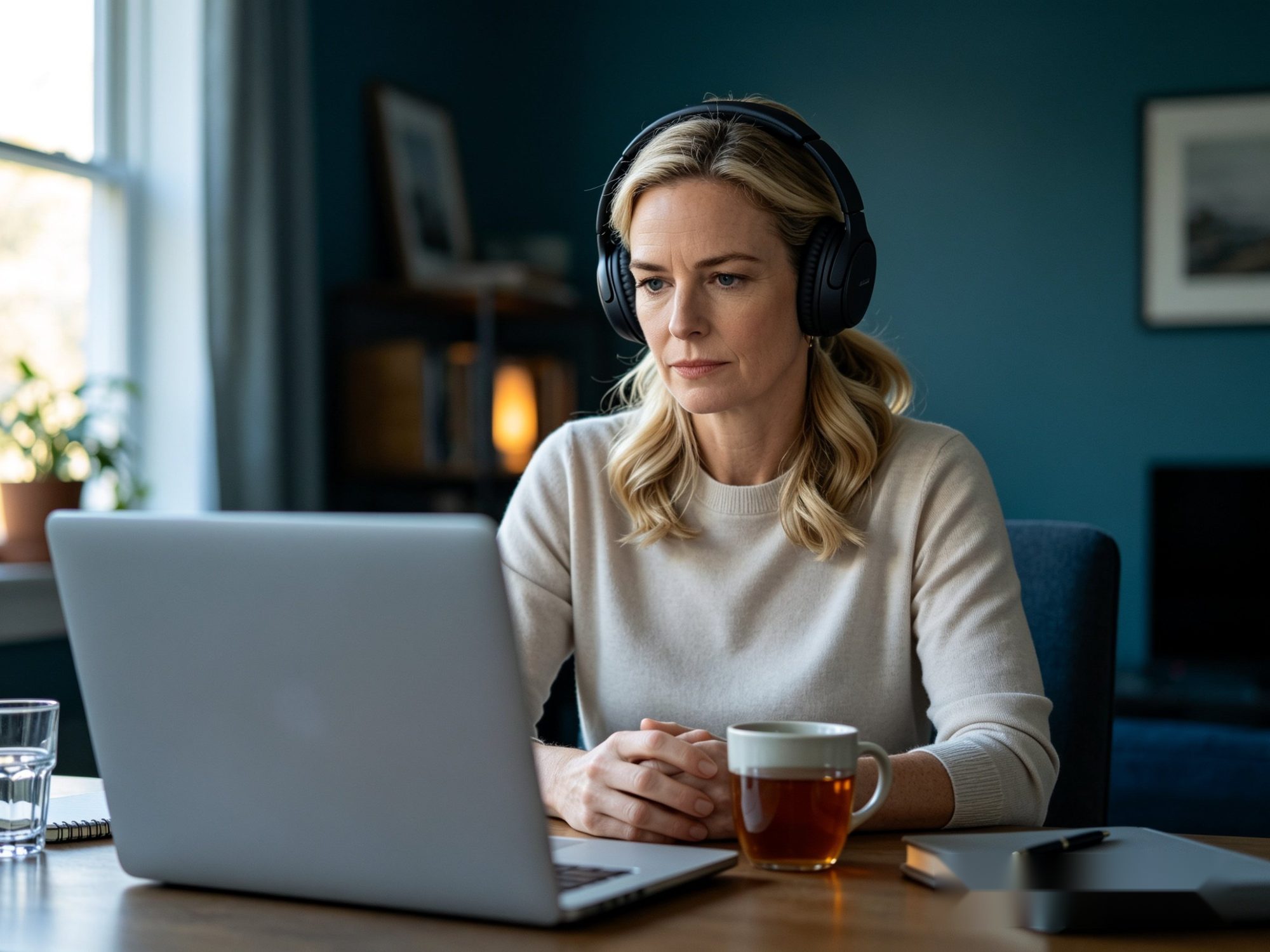 A woman at her desk wearing noise-cancelling headphones, composed and focused before her online mediation session.