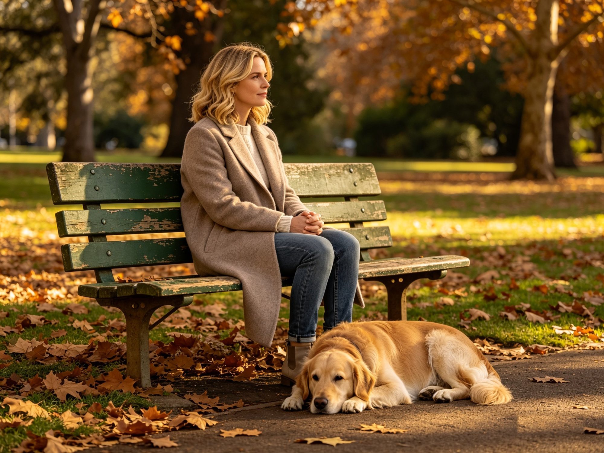 A woman on a park bench in autumn, her golden retriever at her feet, looking quietly into the distance.