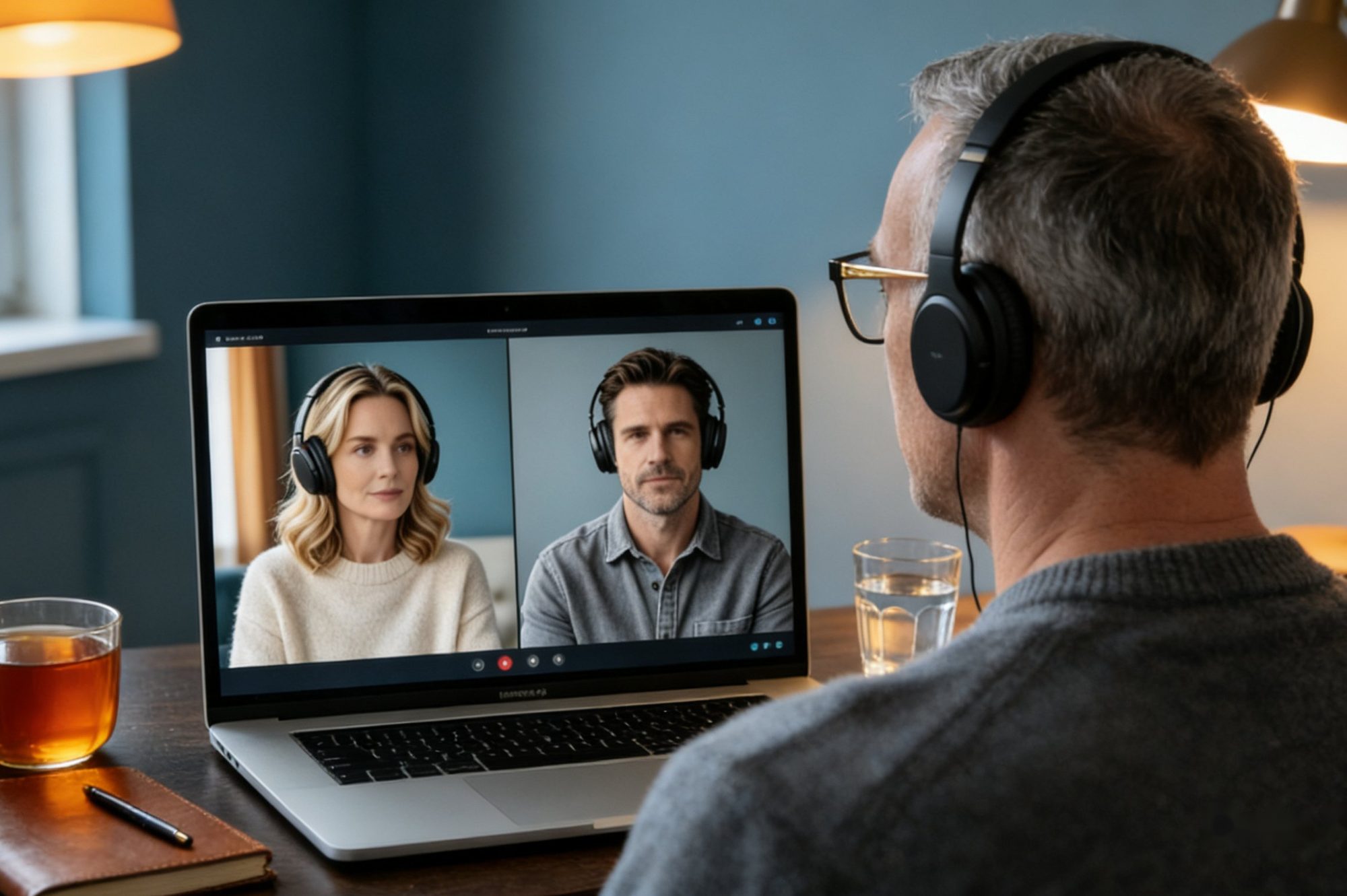 A practitioner's view over their shoulder of a laptop on a home-office desk, with both parties visible side by side on a video call, each wearing noise-cancelling headphones.