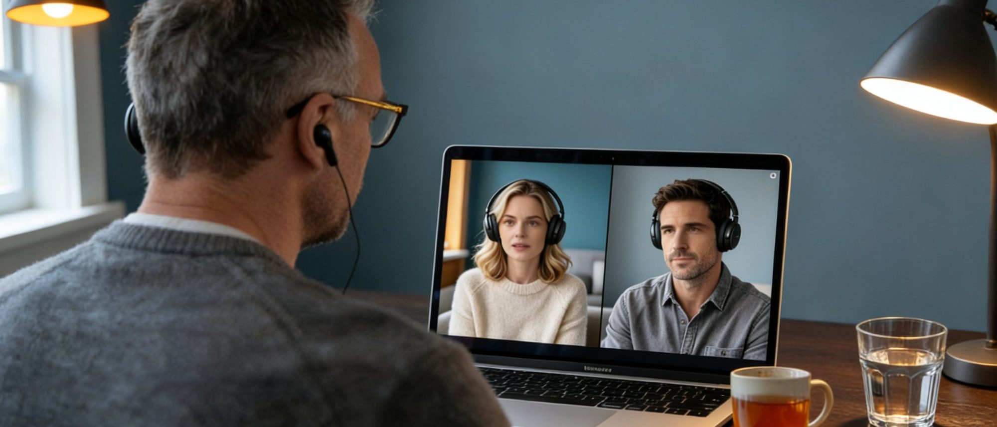 A practitioner's view over their shoulder of a laptop on a home-office desk, with both parties visible side by side on a video call, each wearing noise-cancelling headphones.