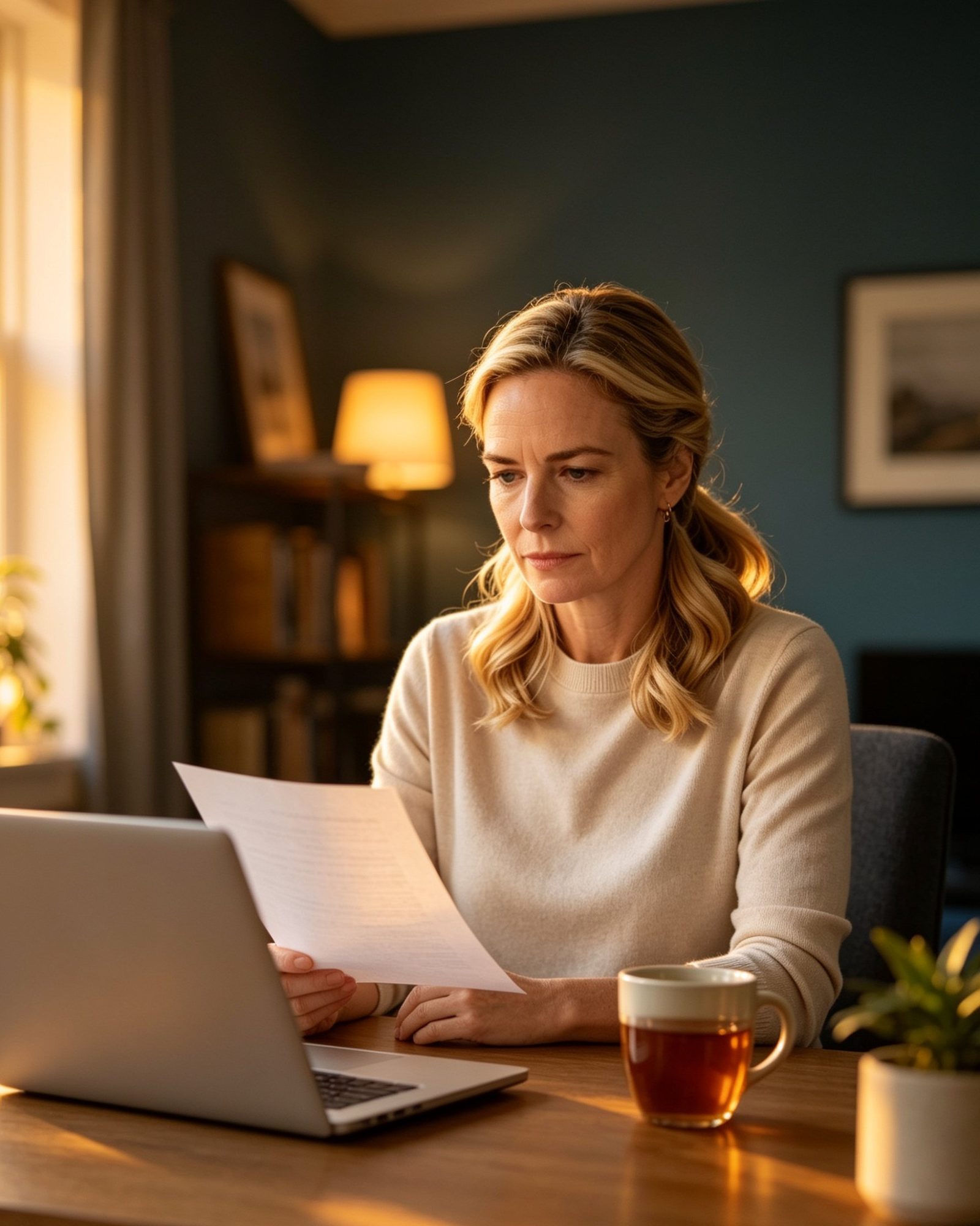 A woman at her desk in warm light, reading a printed quote with quiet focus, a cup of tea beside her.