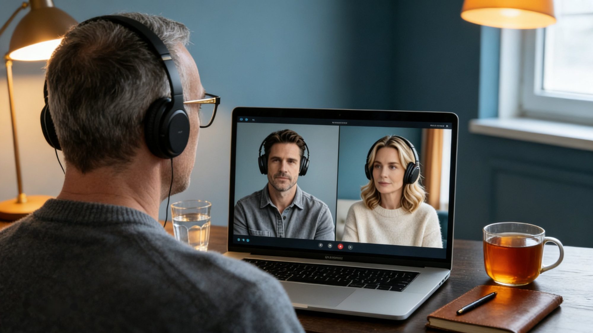 Two parents in separate homes, each at a laptop, meeting the same mediator in an online session shown side by side on screen, talking calmly through a written list of points.
